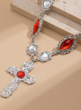 欧美跨境夸张红宝石微镶十字架