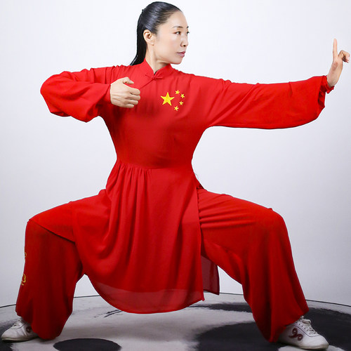 马蕾太极红色女式中国风丝麻太极服比赛晨练服春夏季刺绣五星祥云 - 图1