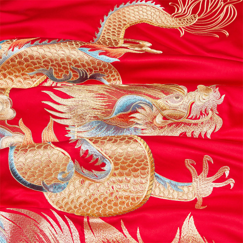 High-end new Chinese style dragon and phoenix wedding all-cotton embroidery four-piece wedding set pure cotton dowry red quilt wedding room bedding