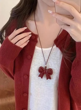 安可拉红蝴蝶结项链女2024毛衣链