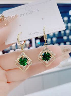 绿色水晶方形耳圈独特设计感小众