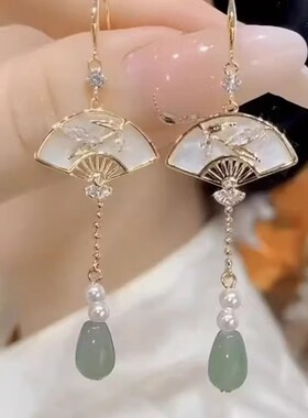 折扇耳环女小众设计长款流苏