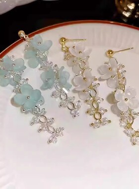 波西米亚风蓝色花朵水晶流苏耳环