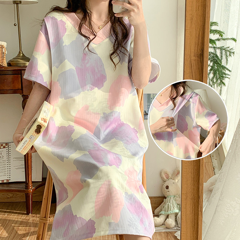 孕妇短袖哺乳睡裙夏季特大码莫代尔月子服8产妇待产裙5月份6喂奶7,淘宝优惠券,粉丝福利购,淘宝优惠卷