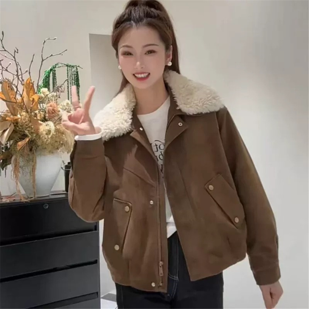 复古羊羔毛领麂皮绒加厚夹克外套女冬季新款宽松休闲保暖棉服上衣 - 图2