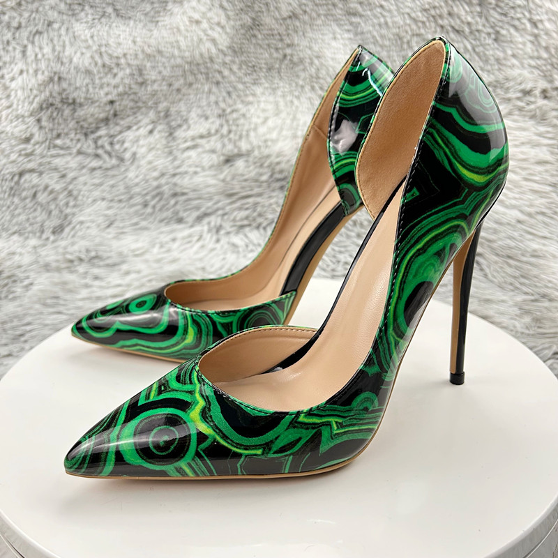 欧美气质名媛春季新款绿色涂鸦细跟法式尖头侧空单鞋12cm日常-图0