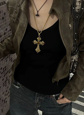 金色中古亚文化十字架水钻项链女