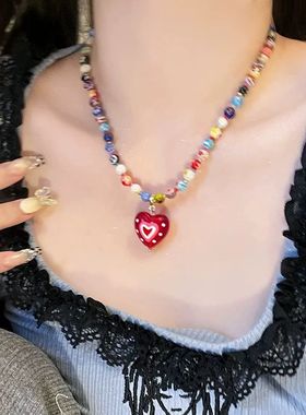 气质彩色多巴胺琉璃爱心吊坠项链