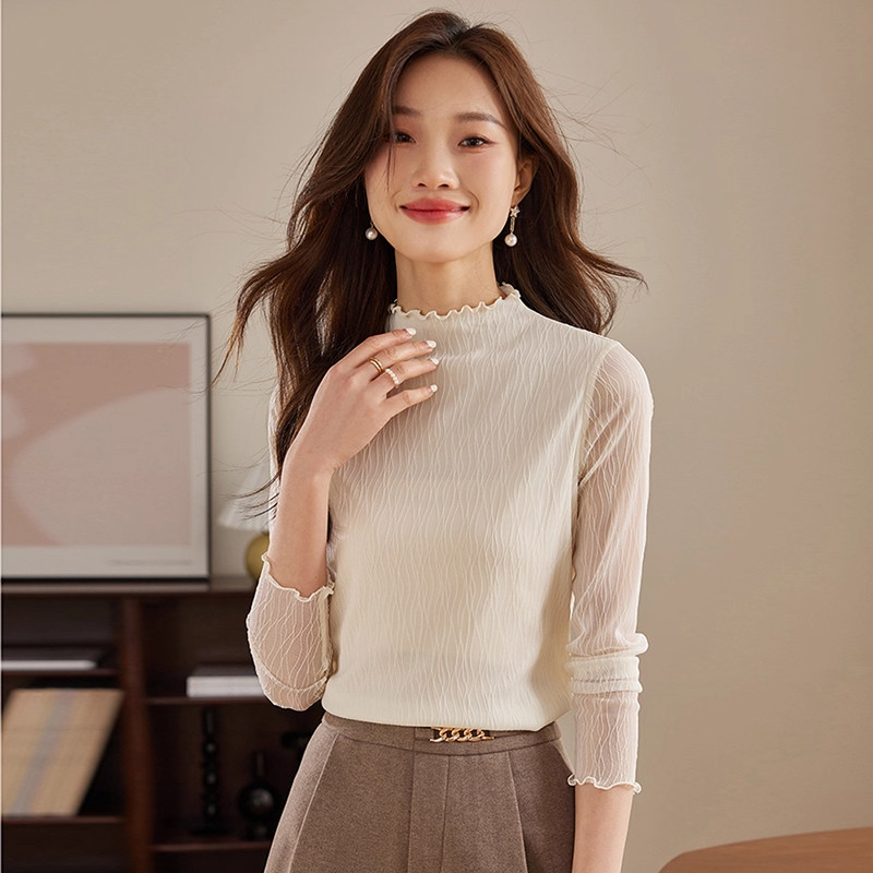 白色蕾丝内搭加绒加厚半高领打底衫女2025年秋冬季新款木耳边上衣,淘宝优惠券,粉丝福利购,淘宝优惠卷