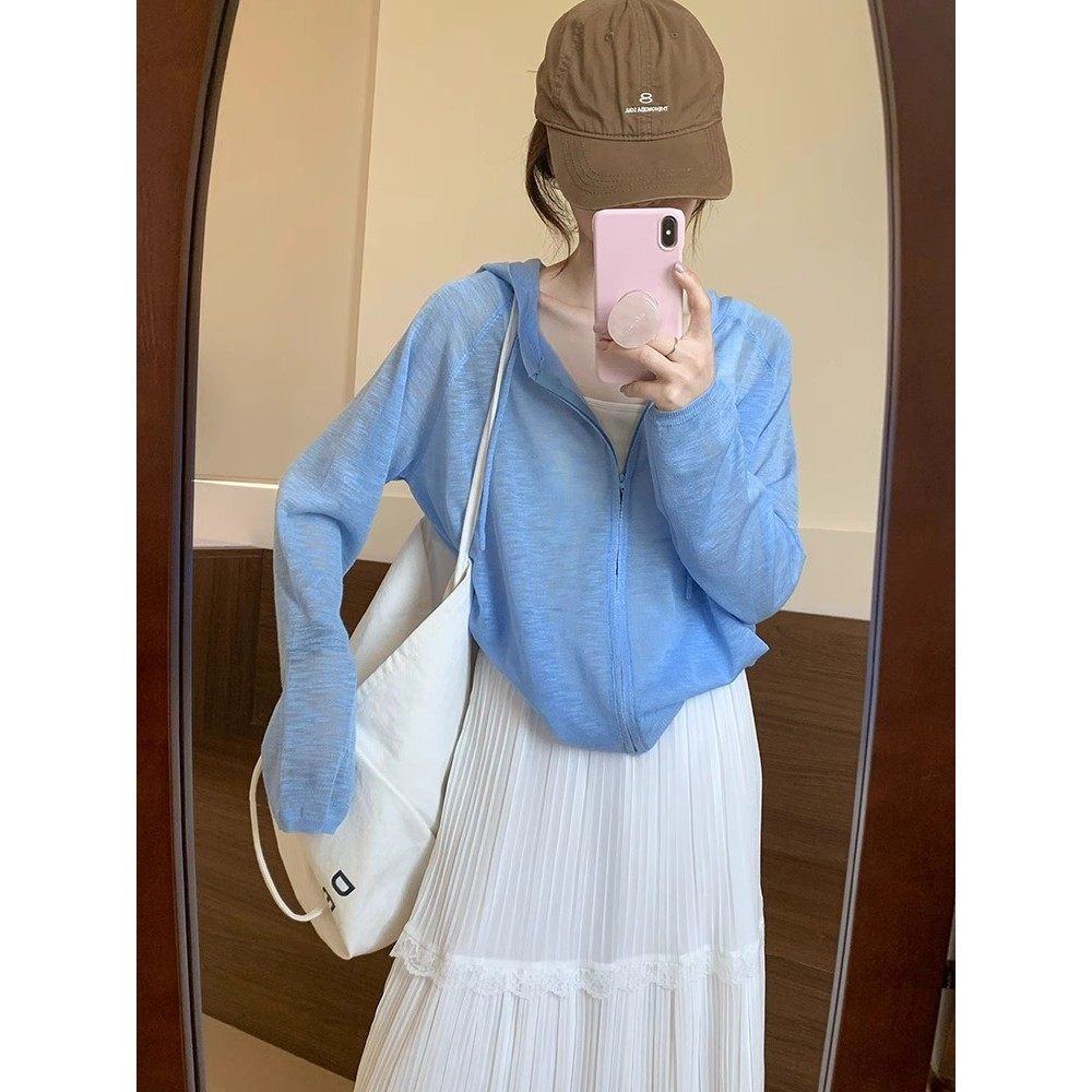 白色连帽冰丝针织防晒开衫女夏季薄款外搭罩衫宽松薄纱空调衫上衣,淘宝优惠券,粉丝福利购,淘宝优惠卷