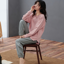 Pyjamas ladies spring and autumn pure cotton pure color minimalist approachable outfitting out of the house Casual Summer Long Sleeve Thin family Home Clothing
