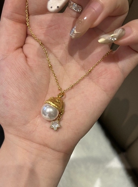 法式轻奢复古拉丝珍珠圣诞帽星星项链小众精致名媛风高级感锁骨链
