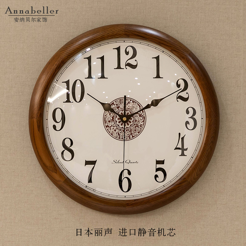 新中式实木钟表挂钟客厅挂表壁时钟静音墙表挂墙中式钟简约石英钟 - 图2