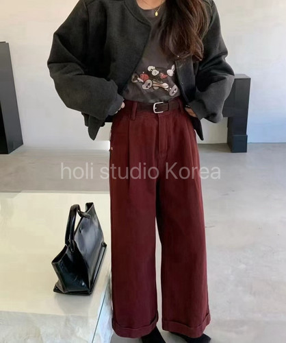 现～sale 249韩国东大门代购冬季新款加绒捏褶翻边直筒裤时尚百搭 - 图2