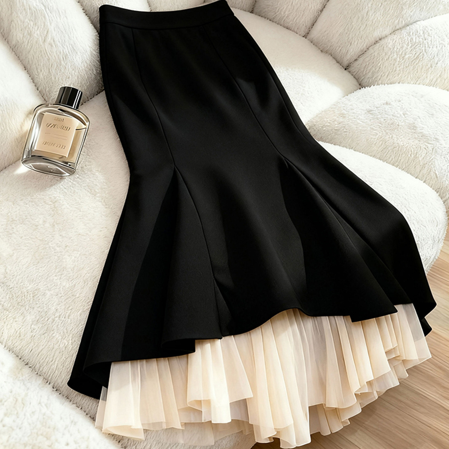 黑色半身裙女2025新款冬巨好看高端假两件拼接不规则边浪感鱼尾裙,淘宝优惠券,粉丝福利购,淘宝优惠卷