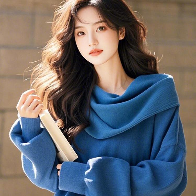 专柜撤回蓝色堆堆领套头卫衣小个子韩系慵懒风时尚洋气高级感上衣 - 图1