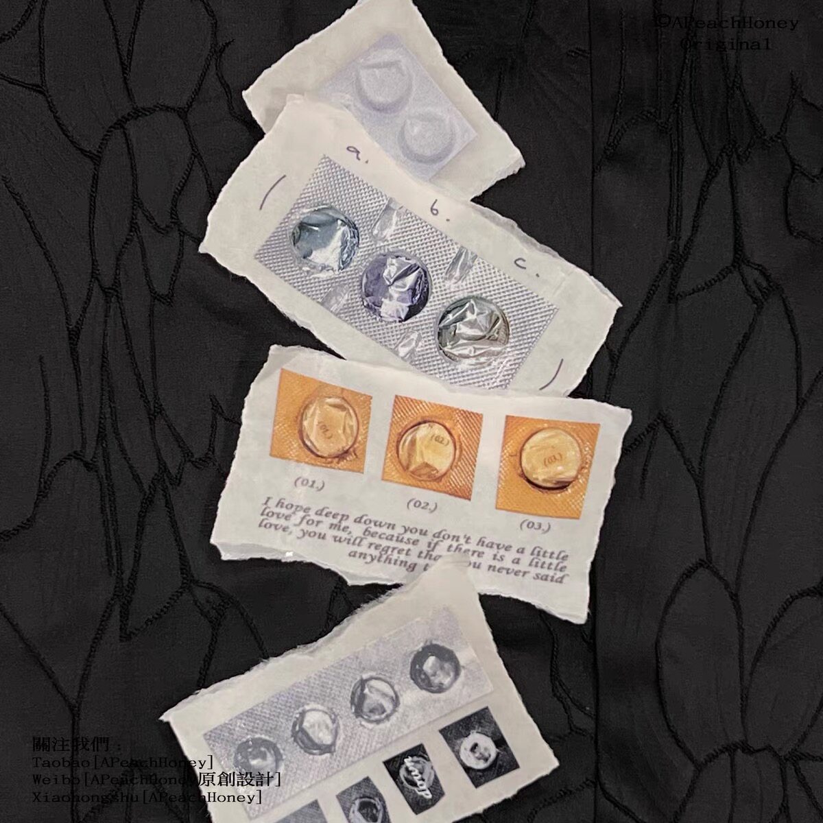 Floating light packaging APeachHoney tape collection photography pictures text realistic handbook collage