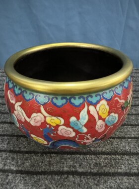 独特收藏纯铜景泰蓝红色掐丝珐琅彩云瑞龙圆口五彩龙图缸炉摆件