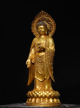 独特收藏精品纯铜浮雕鎏金带背光站莲花宝座阿弥陀佛大摆件