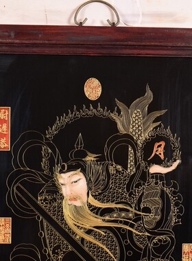 独特收藏老件木框黑底掐金丝瓷板画秦叔宝尉迟恭民间楼门挂板一对