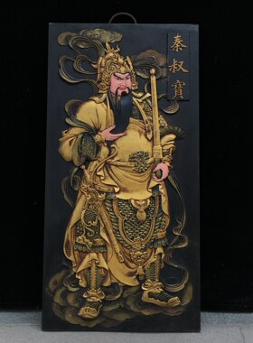 早期收藏榆木漆器金色彩绘尉迟恭秦叔宝民间木板画像楼门挂板一对