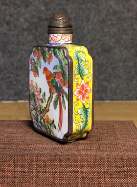 独特收藏老件纯铜景泰蓝画珐琅彩姹紫嫣红花鸟鼻烟壶摆件重75克