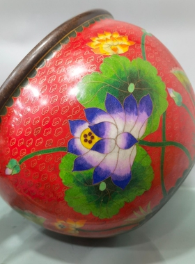 独特收藏纯铜景泰蓝红色珐琅彩莲花富贵高洁荷叶莲花大香炉缸摆件