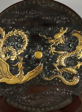 书房客厅摆放纯紫铜浮雕鎏金龙凤呈祥图富贵祥云纹大盘子摆件