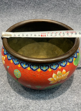独特收藏纯铜景泰蓝红色珐琅彩乾隆年制款金鱼满堂荷叶香炉缸摆件