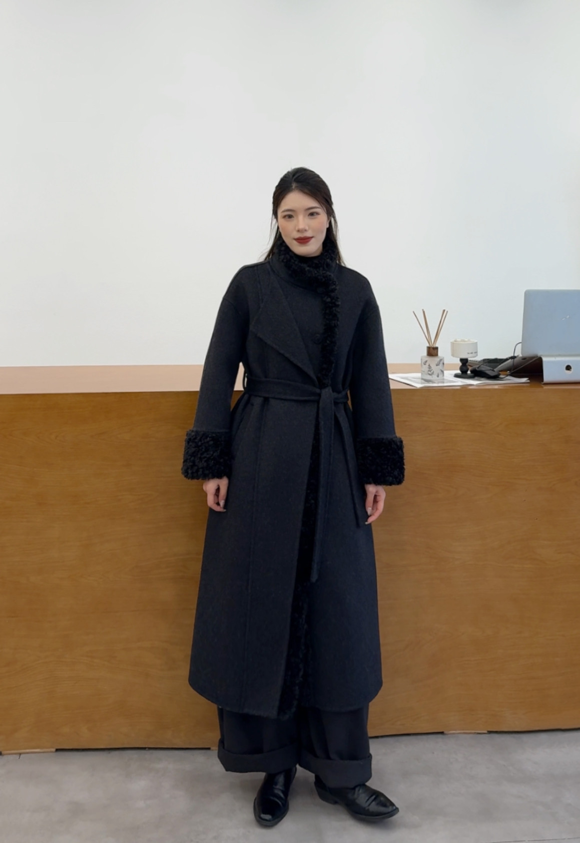 紫色袖口拼接双面羊毛大衣女2025冬季气质长款系带收腰毛呢外套女,淘宝优惠券,粉丝福利购,淘宝优惠卷