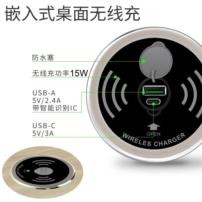 嵌入式15W桌面无线充电器家具沙发床头柜type-C接口usb充电插座-图2