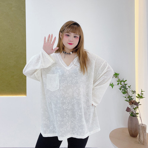 轻薄提花蕾丝上衣胖仙女莹莹大码女装胖mm遮肉时尚多巴胺显瘦T恤 - 图1