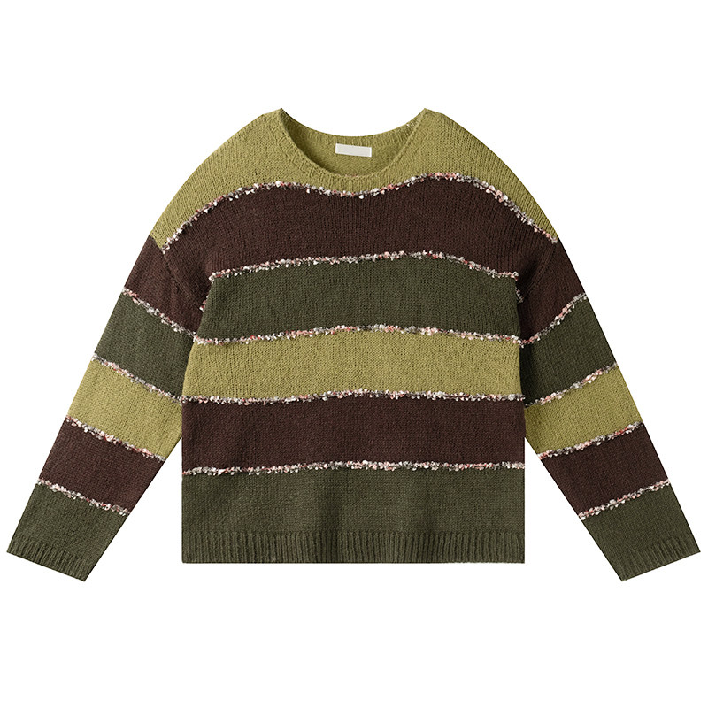 小众喇叭袖毛边套头毛衣胖莹莹大码女装秋冬慵懒风撞色条纹针织衫,淘宝优惠券,粉丝福利购,淘宝优惠卷