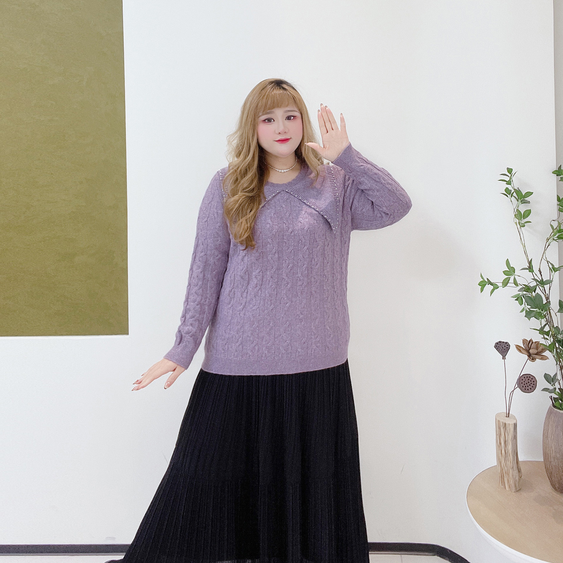 别致风重工钉珠娃娃领打底衫毛衣胖莹莹大码女装秋冬纹理感针织衫,淘宝优惠券,粉丝福利购,淘宝优惠卷