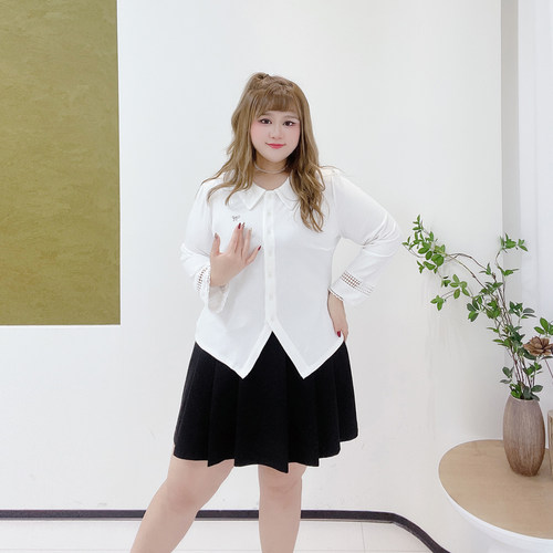 学院风polo领甜美花边T恤衫胖莹莹大码女装春季收腰减龄镂空小衫 - 图0