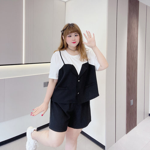 胖仙女莹莹大码女装胖mm夏260斤假两件上衣高腰短裤小个子套装女 - 图2