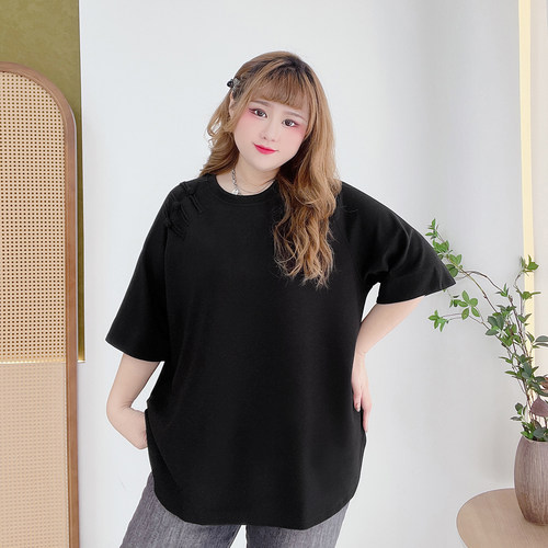 新中式盘扣百搭短袖上衣胖仙女莹莹大码女装胖mm夏宽松遮肉T恤衫 - 图1