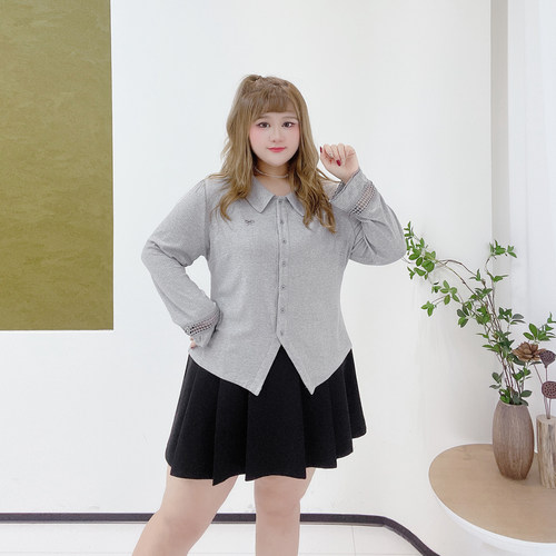 学院风polo领甜美花边T恤衫胖莹莹大码女装春季收腰减龄镂空小衫 - 图1
