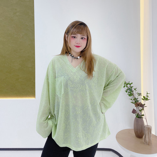 轻薄提花蕾丝上衣胖仙女莹莹大码女装胖mm遮肉时尚多巴胺显瘦T恤 - 图0