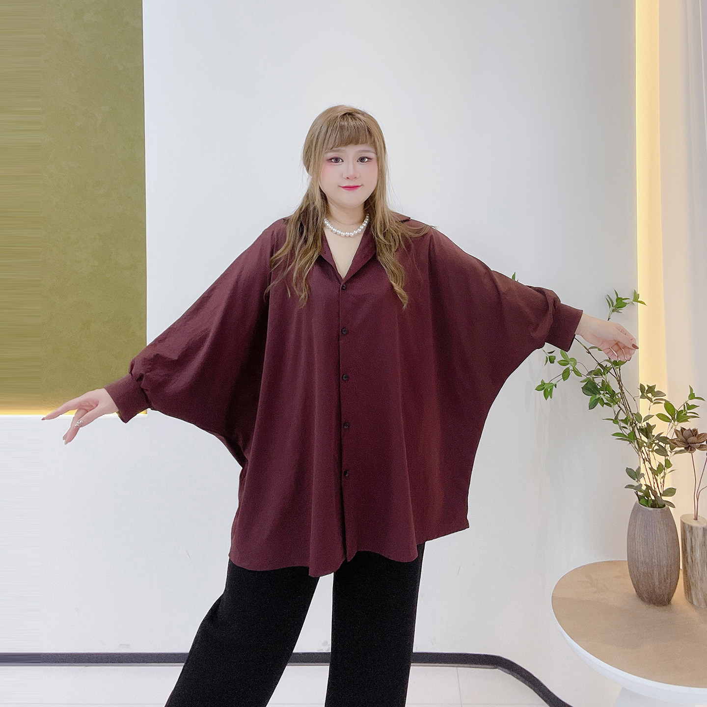 300斤遮肉加大码女装胖莹莹慵懒风秋气质纯色时尚落肩蝙蝠袖衬衫,淘宝优惠券,粉丝福利购,淘宝优惠卷