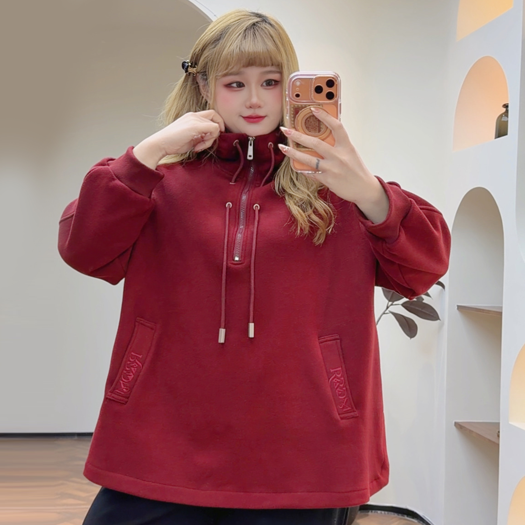 300斤加绒立领开叉上衣胖莹莹大码女装秋冬刺绣加肥连帽拉链卫衣 - 图2