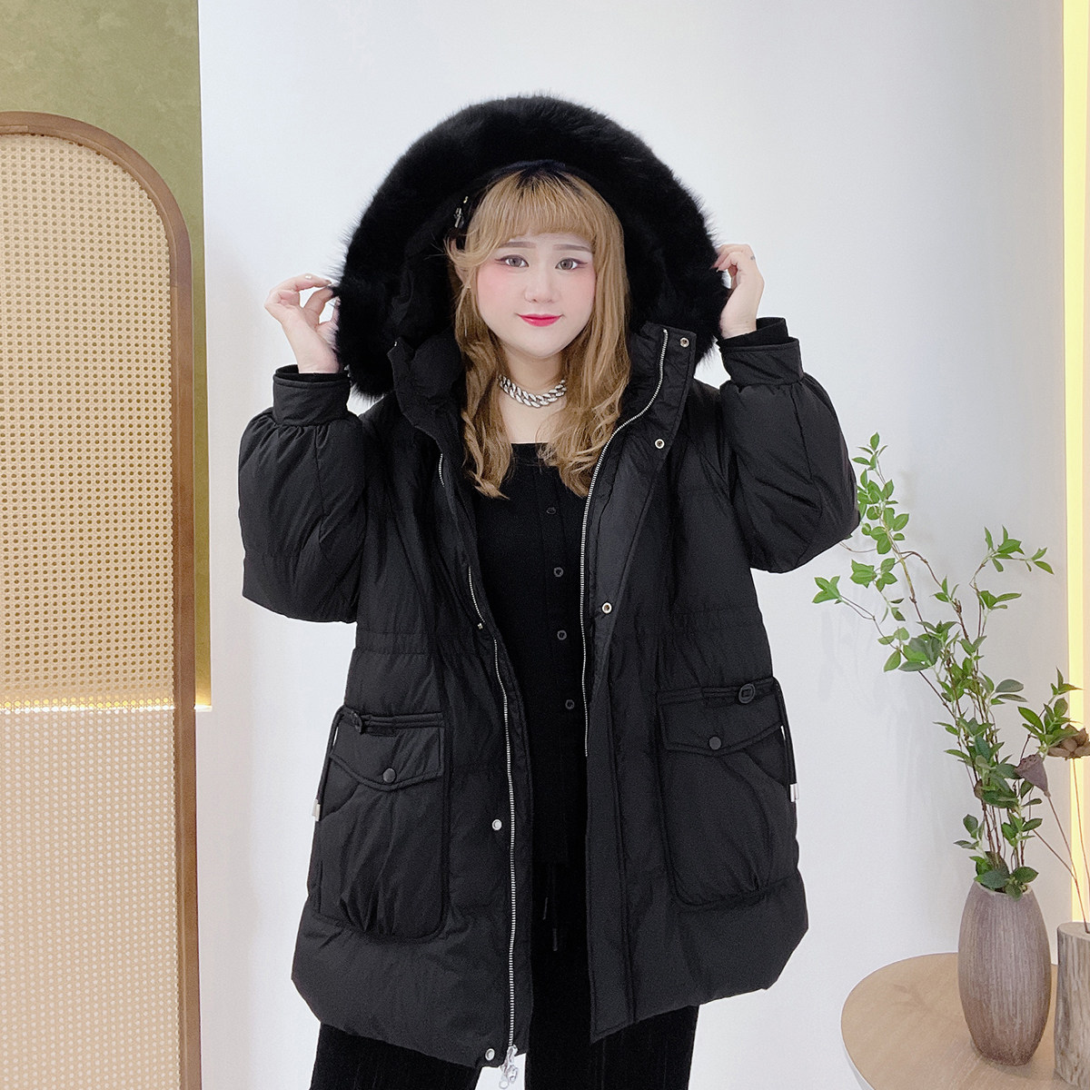 大毛领时尚款抽绳收腰厚外套胖仙女莹莹大码女装胖mm休闲风羽绒服,淘宝优惠券,粉丝福利购,淘宝优惠卷