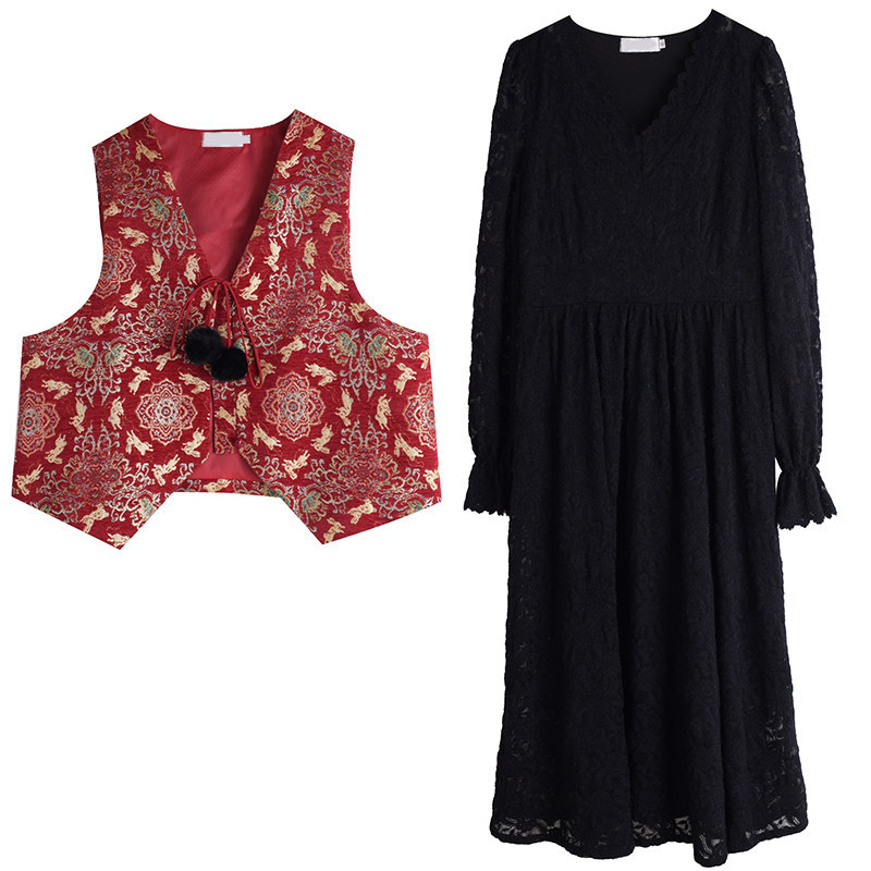 新年国风提花马甲套装胖莹莹大码女装秋冬v领磨毛蕾丝收腰连衣裙,淘宝优惠券,粉丝福利购,淘宝优惠卷