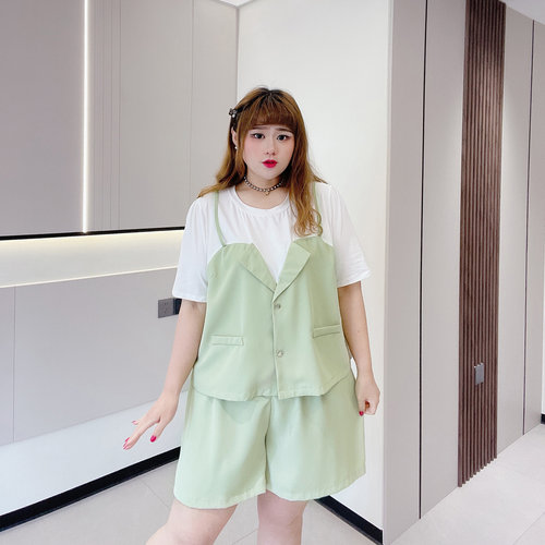 胖仙女莹莹大码女装胖mm夏260斤假两件上衣高腰短裤小个子套装女 - 图1