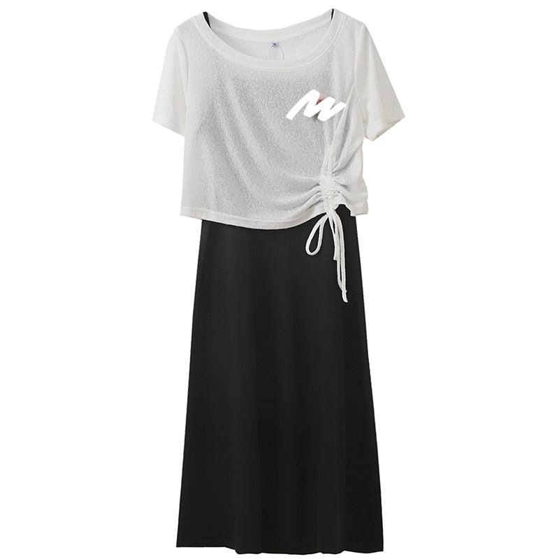 别致立体花抽绳显瘦T恤胖莹莹大码女装甜美通勤风吊带连衣裙套装,淘宝优惠券,粉丝福利购,淘宝优惠卷