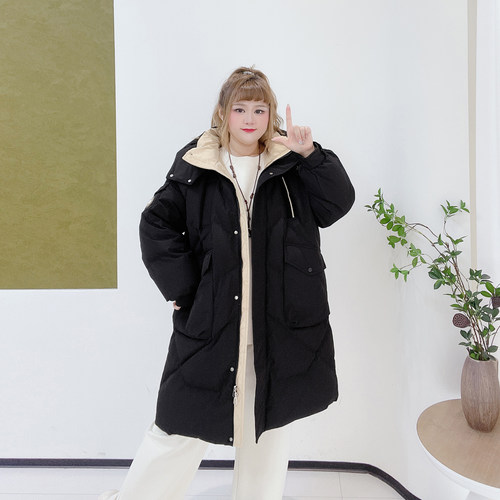 300斤遮肉保暖派克服加厚外套胖莹莹大码女装冬季连帽过膝羽绒服 - 图0