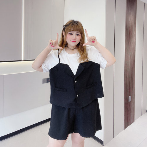胖仙女莹莹大码女装胖mm夏260斤假两件上衣高腰短裤小个子套装女 - 图0