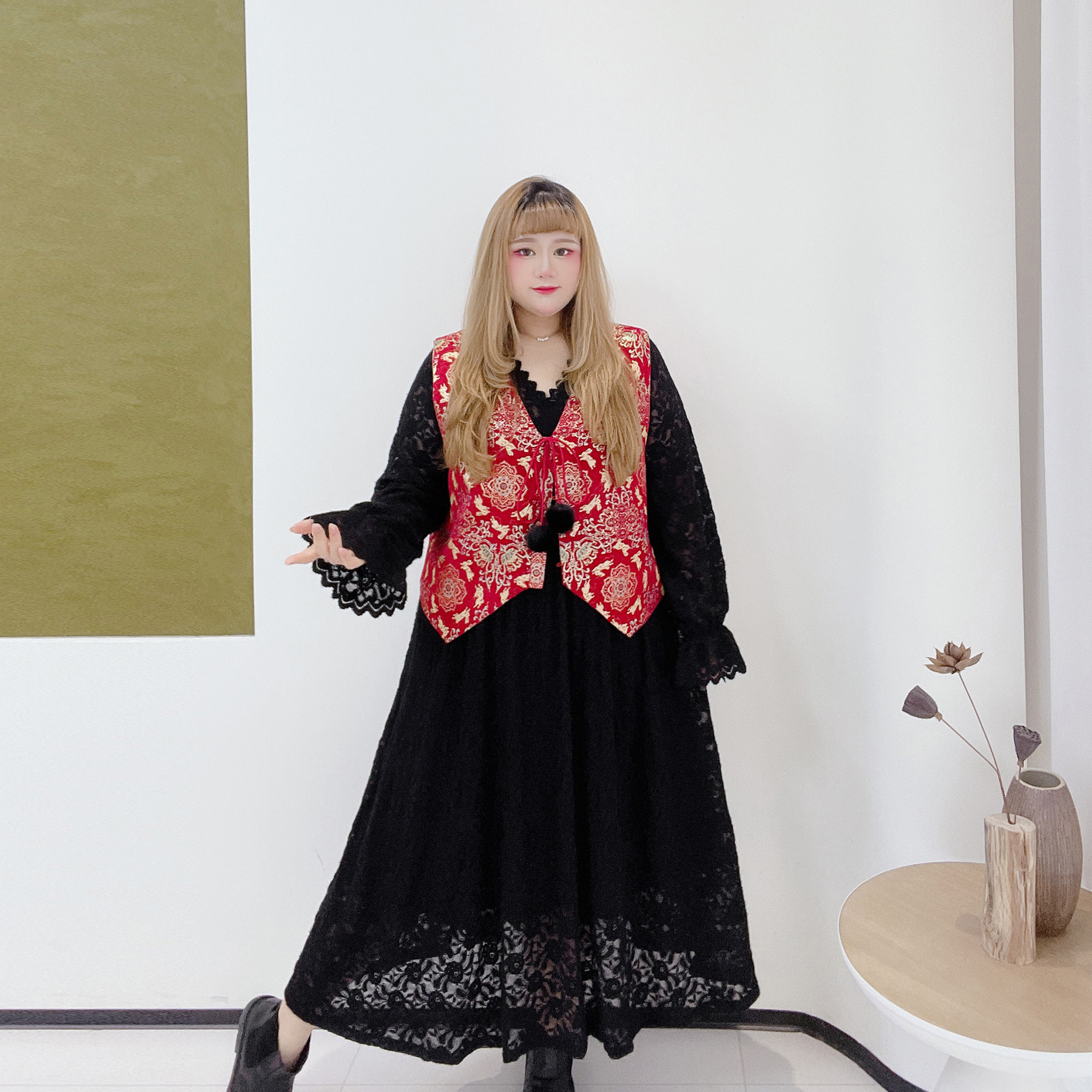 新年国风提花马甲套装胖莹莹大码女装秋冬v领磨毛蕾丝收腰连衣裙,淘宝优惠券,粉丝福利购,淘宝优惠卷