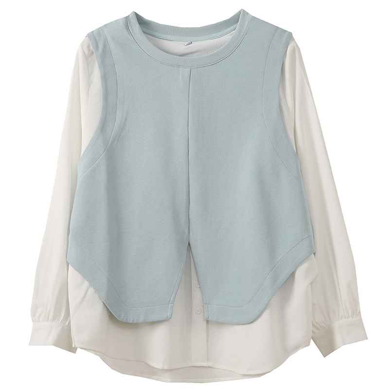时尚撞色不规则设计感显瘦内搭胖莹莹大码女装秋季假两件长袖衬衫,淘宝优惠券,粉丝福利购,淘宝优惠卷