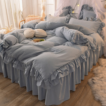 Net red Korean double decker lace quilts with cover bed accessories four sets of pleated all-cotton pure cotton bed princess wind bed linen